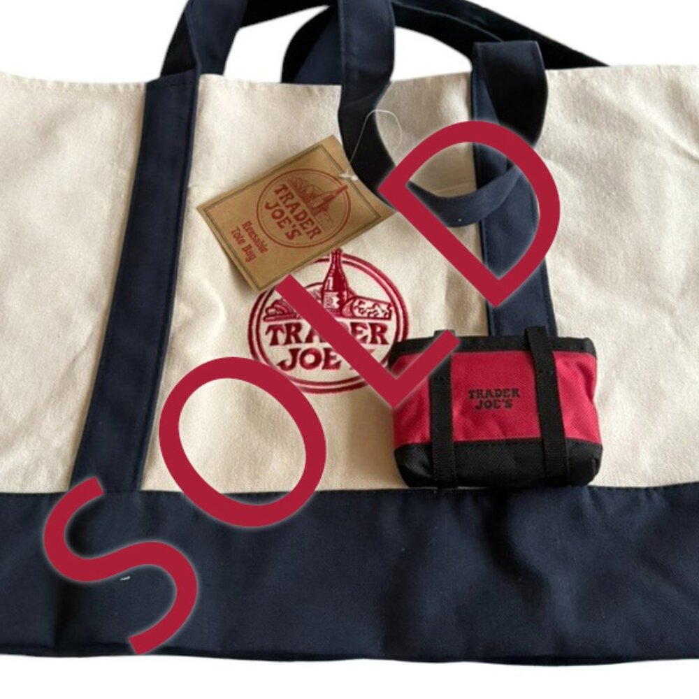 TRADER JOE'S MICRO TOTE (RED w/Black Straps) with GROCERY BAG BRAND NEW FOLDABLE